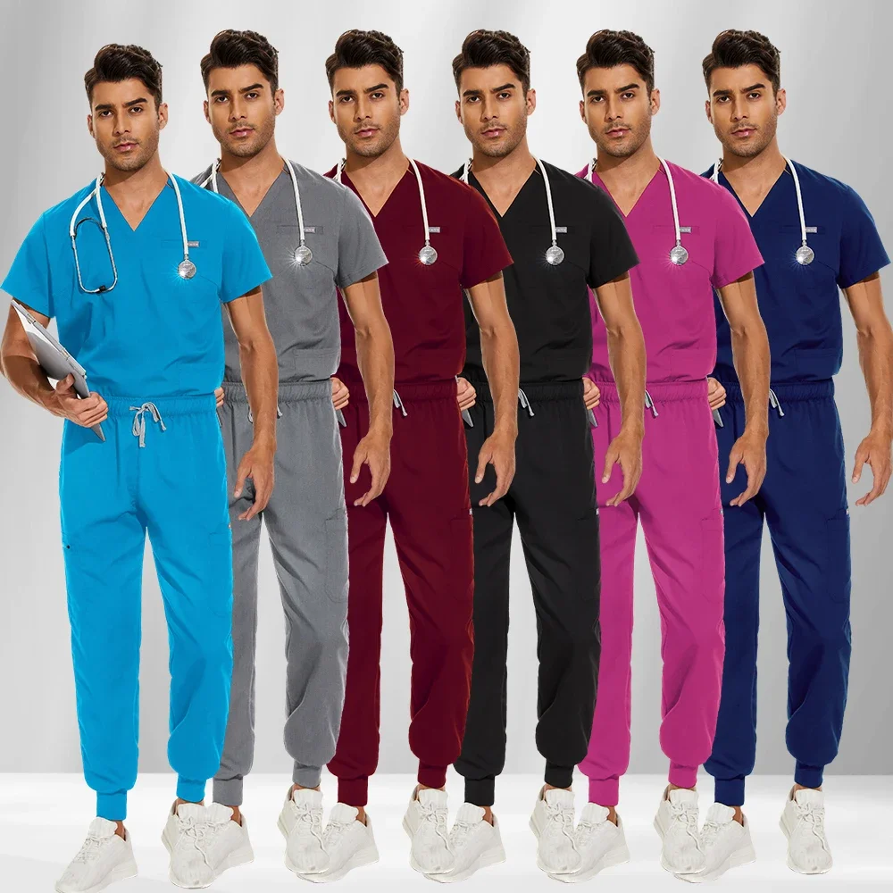 Solid Color V-neck Medical Uniform Pocket Scrub Tops Hospital Uniform Doctor Set Men Women Surgical Scrub Joggers Top Pants Suit