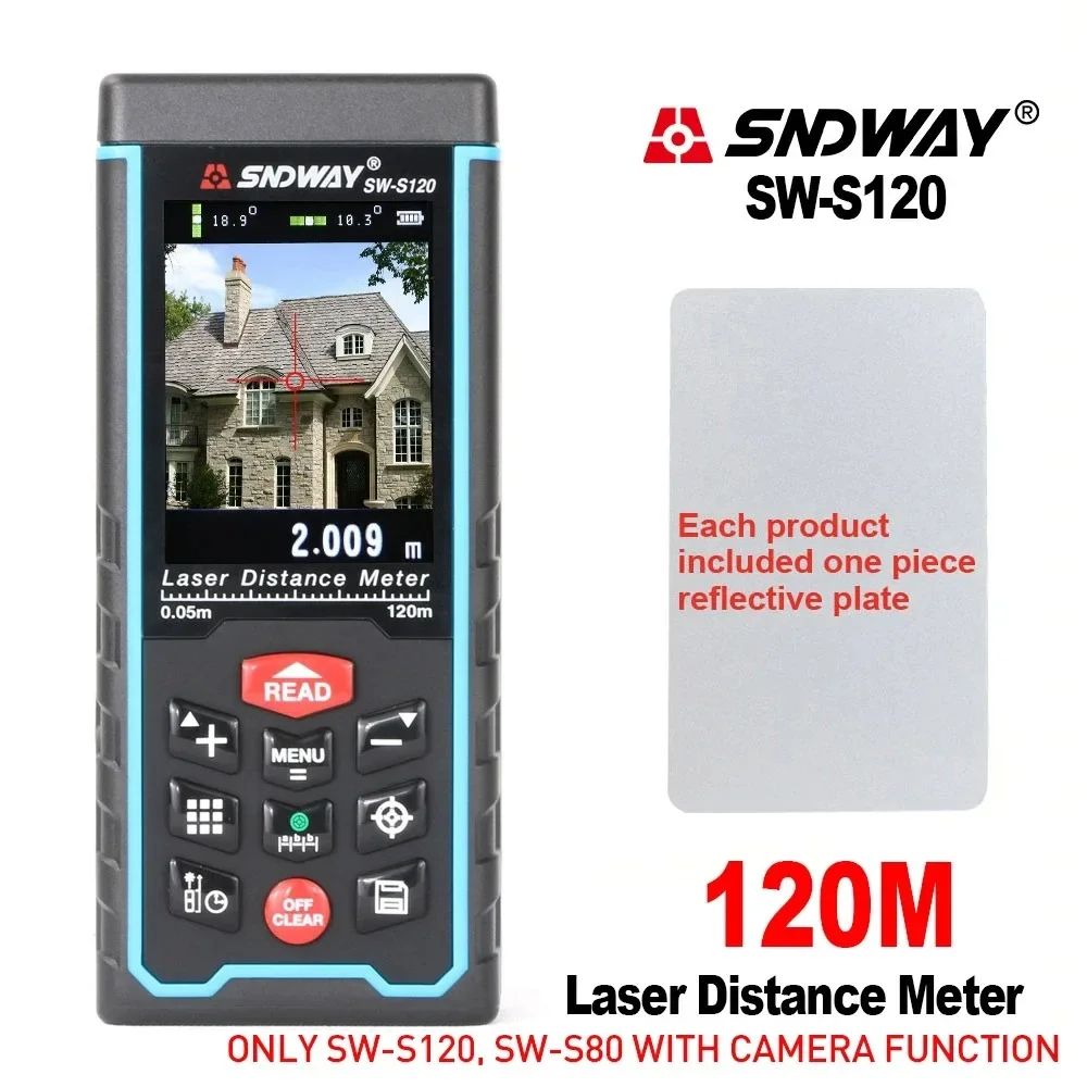 SNDWAY SW-120 Display Laser Distance Meter 80M 120M Camera Digital Meter Area Volumn Digital Angle Ruler Laser Rangefinder Tape