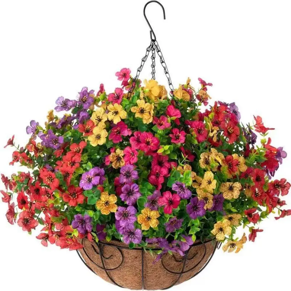 Artificial Dancing Orchid Floral Hanging Pot Iron Frame Coconut Liner Garden Ornament For Indoor Outdoor Balcony Decor