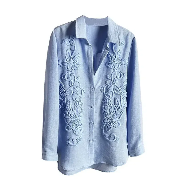 Camicia casual ampia ricamata per l'industria pesante Top bianco di media lunghezza stile pigro