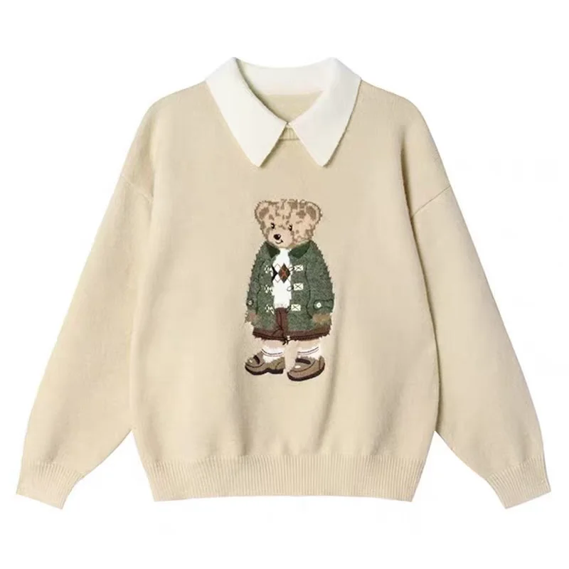 

Autumn New Arrivals Elegant Knitted Sweater Women's Bear Cartoon Design Embroidery Tops Ladies Casual Loose Pullover Jumper