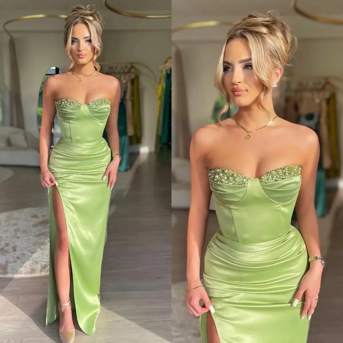 

Romantic Green Satin Mermaid Pearl Evening Dress Off Shoulder side slit with floor Length skirt Cocktail Formal Occasion Party