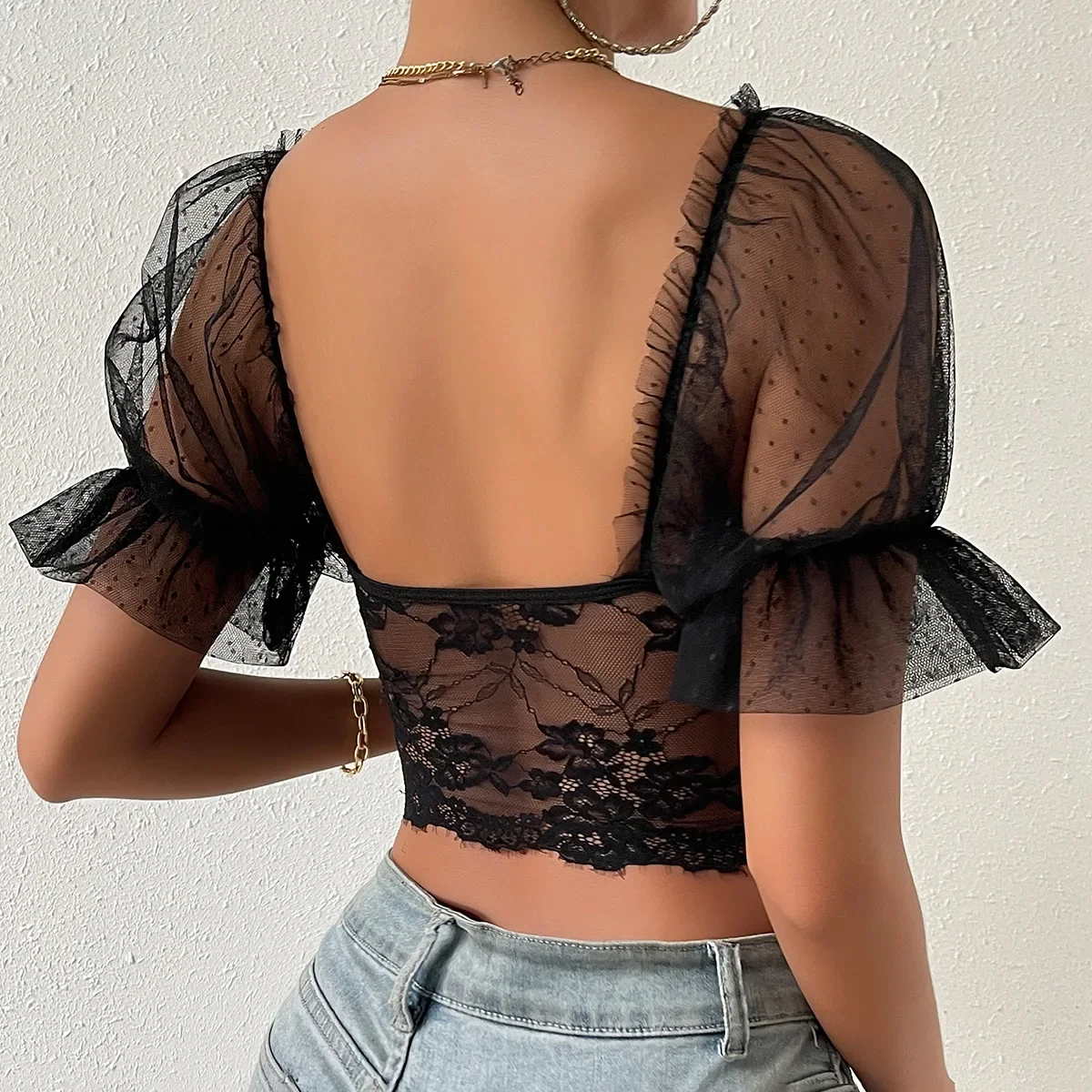 Rin Korean Fashion Bare Shoulder Sexy Vneck Slim Crop Top,Mesh Sheer Puff sleeve Lace Embroidery Hollow Out Backless Blouses