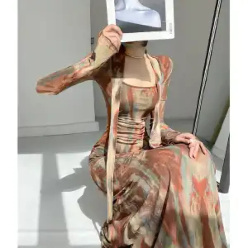 فستان شبكي بأكمام طويلة على طراز الرسم الزيتي الفرنسي للنساء مع فستان طويل للعطلات بخصر نحيف