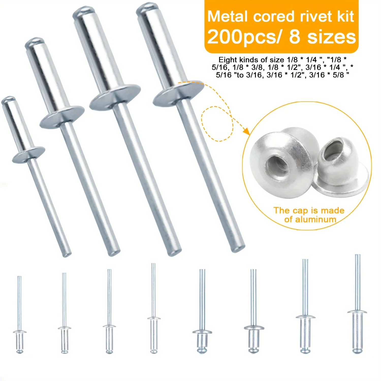 Rivet combination kit, 200 aluminum rivet kits, 8 sizes, 1/8 * 1/4 