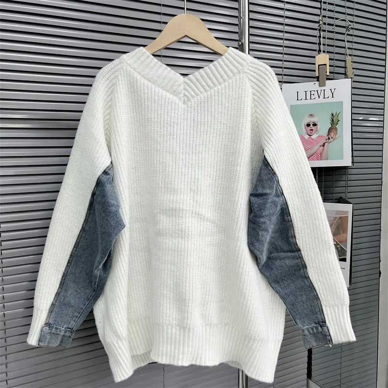 Autumn Winter Cardigan Women Denim Spliced Knitted Sweater Jacket V-Neck Embroidery Fashion Patchwork Sweaters Female Knit Coat