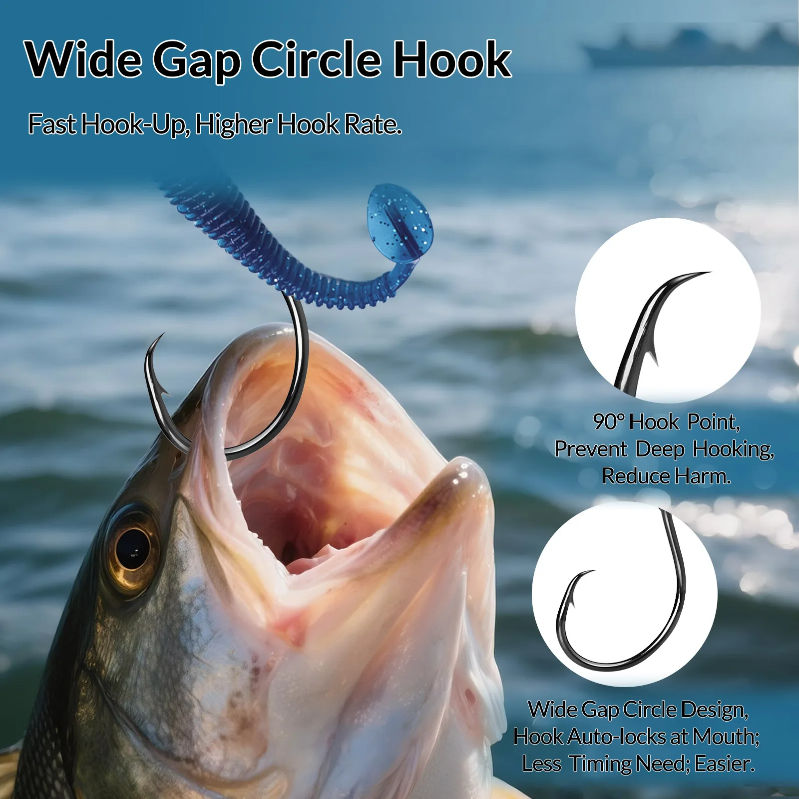 9KM Inline Circle Hook Saltwater Wide Gap Circle Hook 25~100Pcs Live Bait Non-Offset Circle Hook for Bass Walleye Crappie