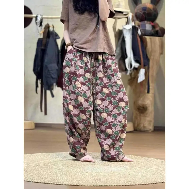Spring Summer New Arts Style Women Elastic Waist Loose Ankle-length Pants Flower Print Cotton Linen Harem Pants Good Quality D34
