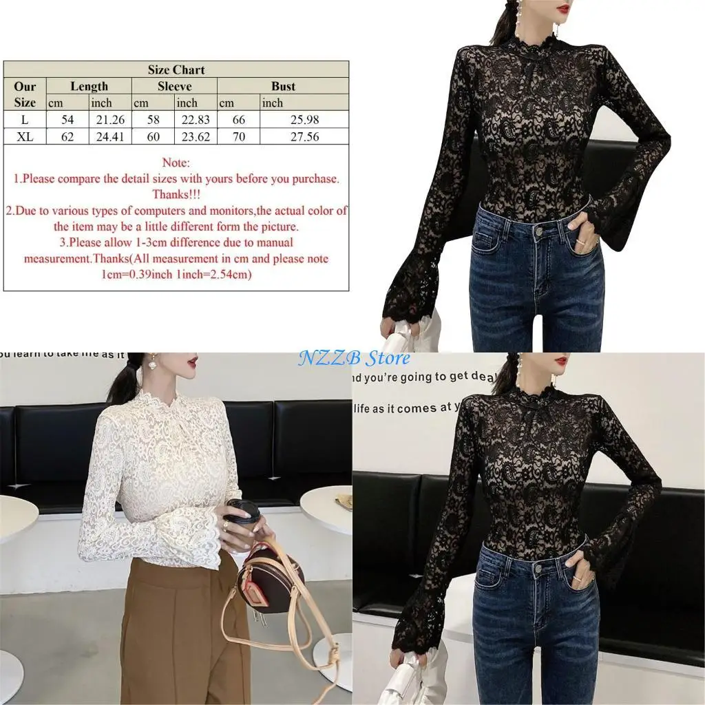 

T21F Stretch Long Sleeves Tops for Women Turtleneck Lace T-shirt Bottoming Tops