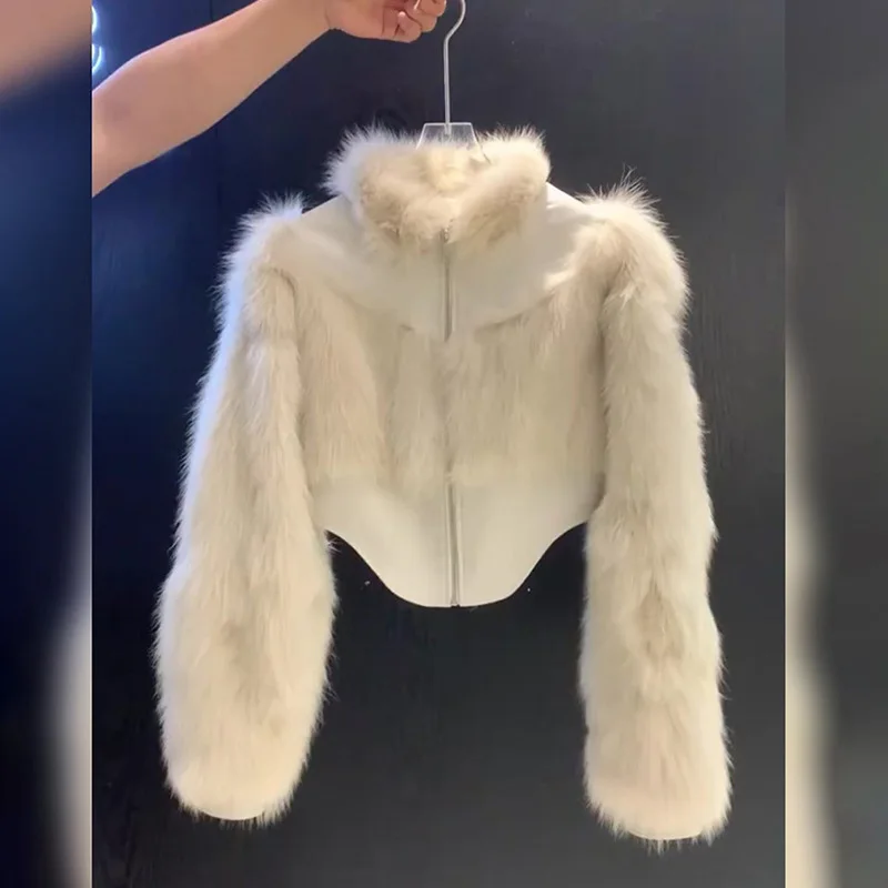 

Leather Fur Patchwork Furry Jacket White Short Zipper Plush Coat Stylish Women's Faux Fur Jackets Winter Stand Warm Fluffy Tops