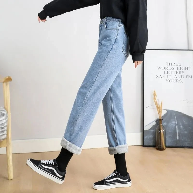Women Warm Elastic High Waist Denim Pants Winter Casual Plus Velvet Ankle length Vaqueros Korean Thicken Plush Straight Jeans