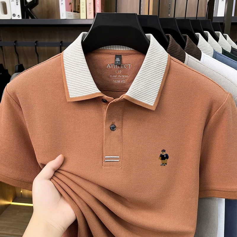 Luxuriöses 100% Baumwoll-Kurzarm-Poloshirt für Herren, neuer Trend, Marken-Cartoon-Bären-Stickerei, atmungsaktives, bequemes, lässiges Sommer-T-Shirt – Detail 16
