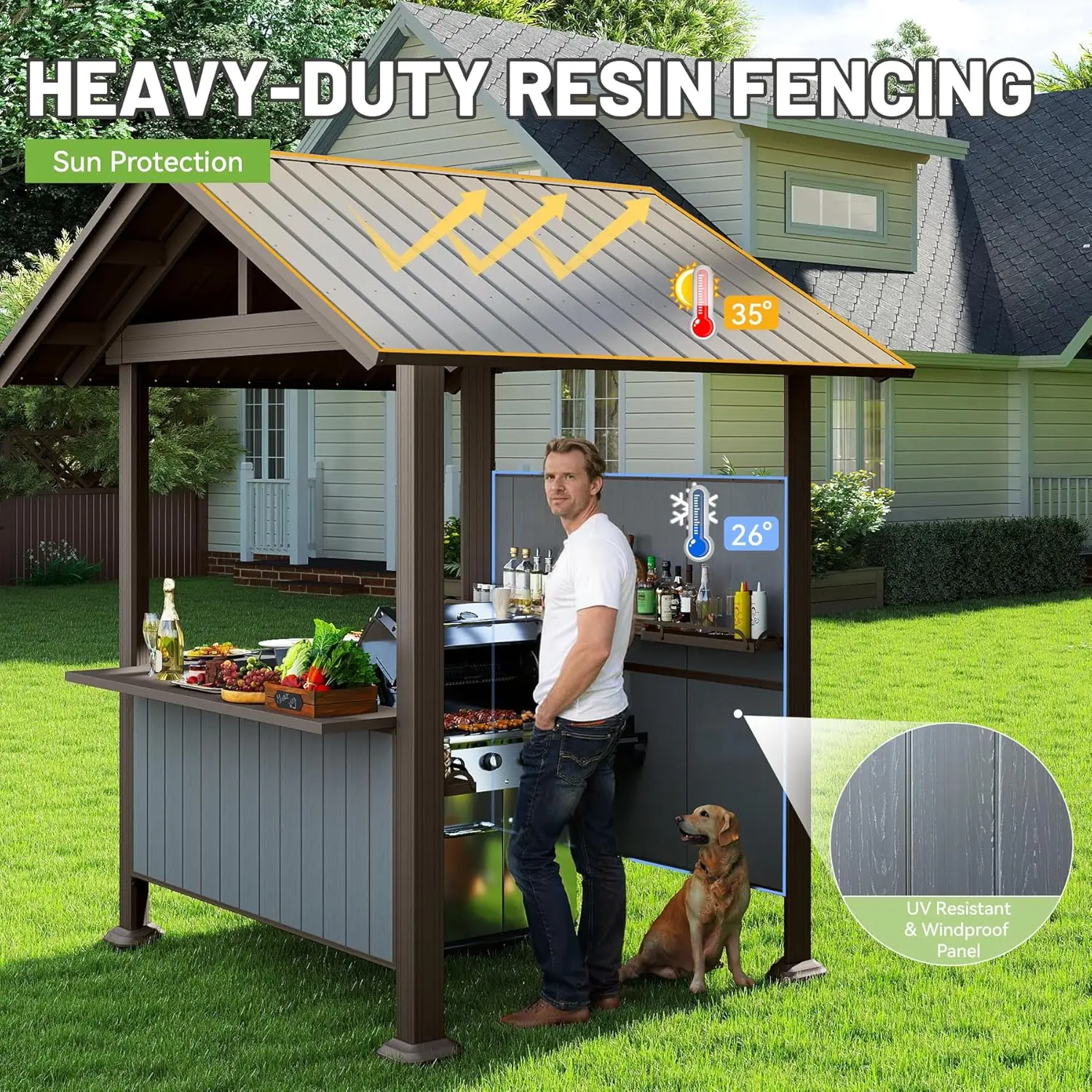 ！@9.4X6.2 FT Hardtop Grill Gazebo with Storage Shelves & Resin Shade System, Galvanized Steel Metal Hard Top Gazebo-Brown