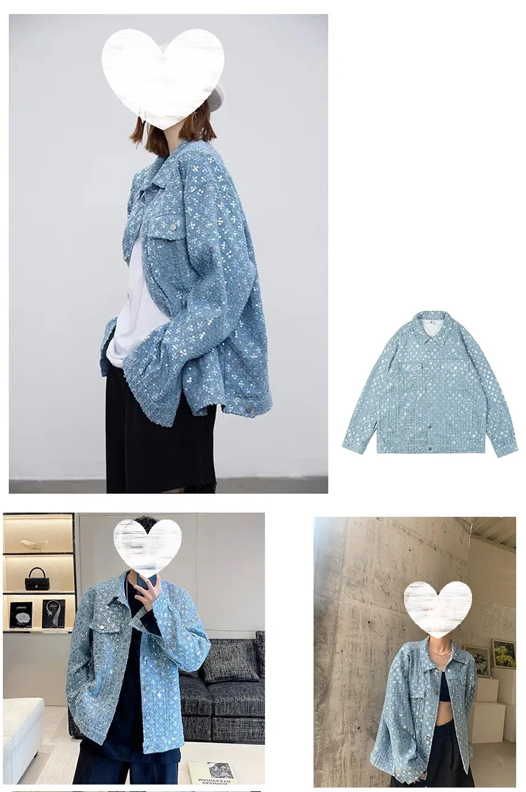 Heavy Industry Sequins Washed Denim Fabric, Thick Handmade DIY Fabric