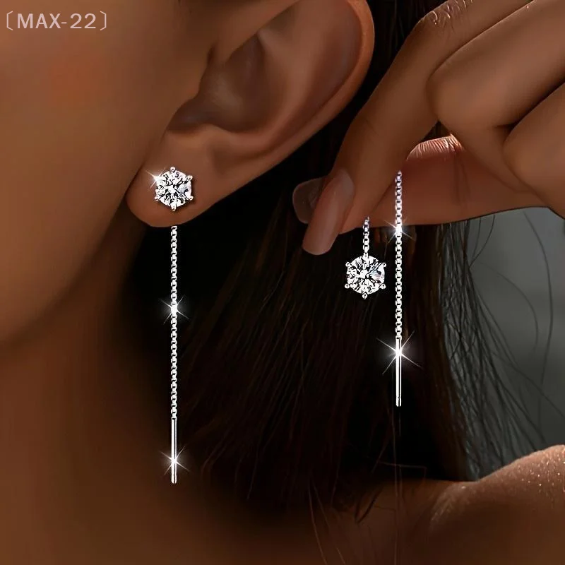 〔MAX-22〕6mm Round Moissanite Diamond Tassel Long Threader Earrings For Women Classic Six-Claw Ear Wire Jewelry