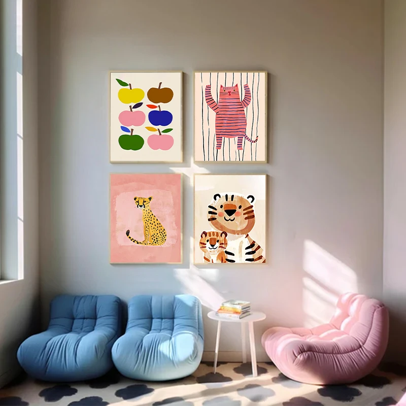 Leuke cartoon kleurrijke dierenposter kinderkamer veld kinderkamer kleuterschool decoratie canvas thuis kunst aan de muur