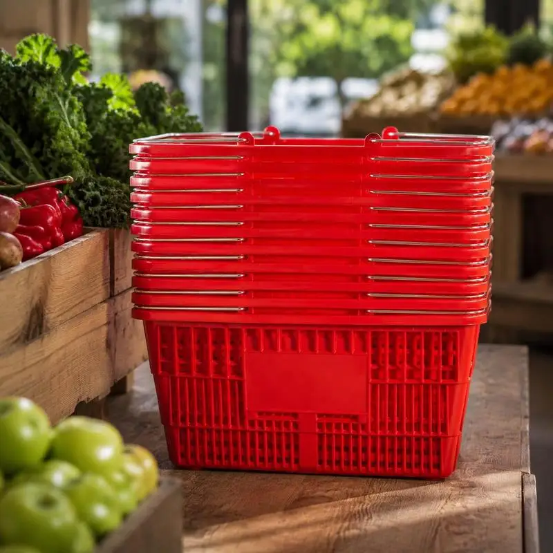 Lot de 12 paniers de courses empilables en plastique avec poignées métalliques et maille renforcée, grande capacité de 21 L pour supermarché, magasin de détail et stockage d'épicerie à domicile, rouge