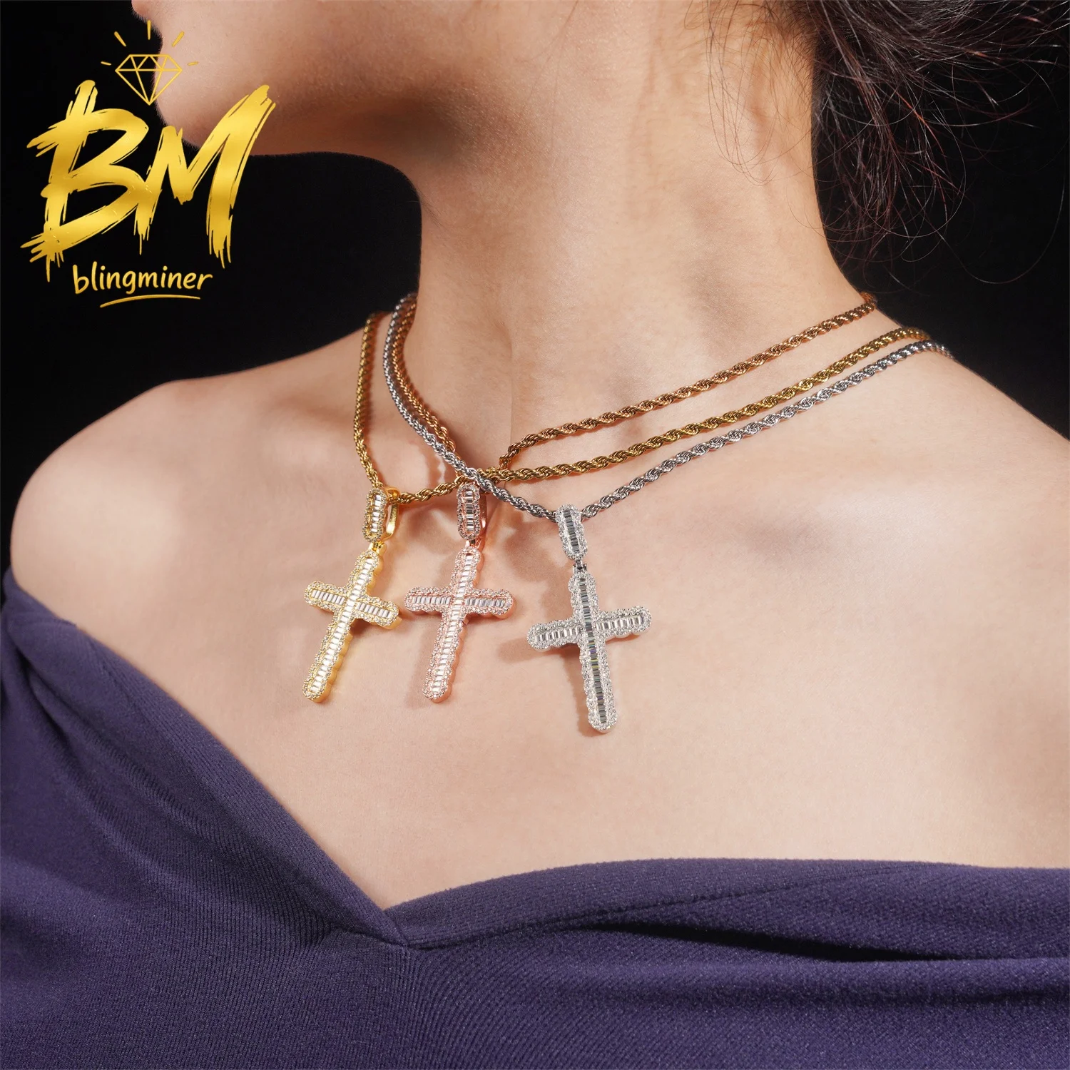 

Blingminer Baguette Cross VVS Moissanite Pendant For Men Women S925 Silver Hip Hop Iced Out Pendant Pass Diamonds Tester GRA