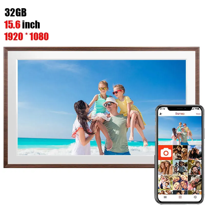 إطار صورة رقمي فاي 15.6 بوصة من Frameo 1920 * 1080 IPS HD شاشة تعمل باللمس 32 جيجابايت إطار صور ذكي للدوران التلقائي، جدار