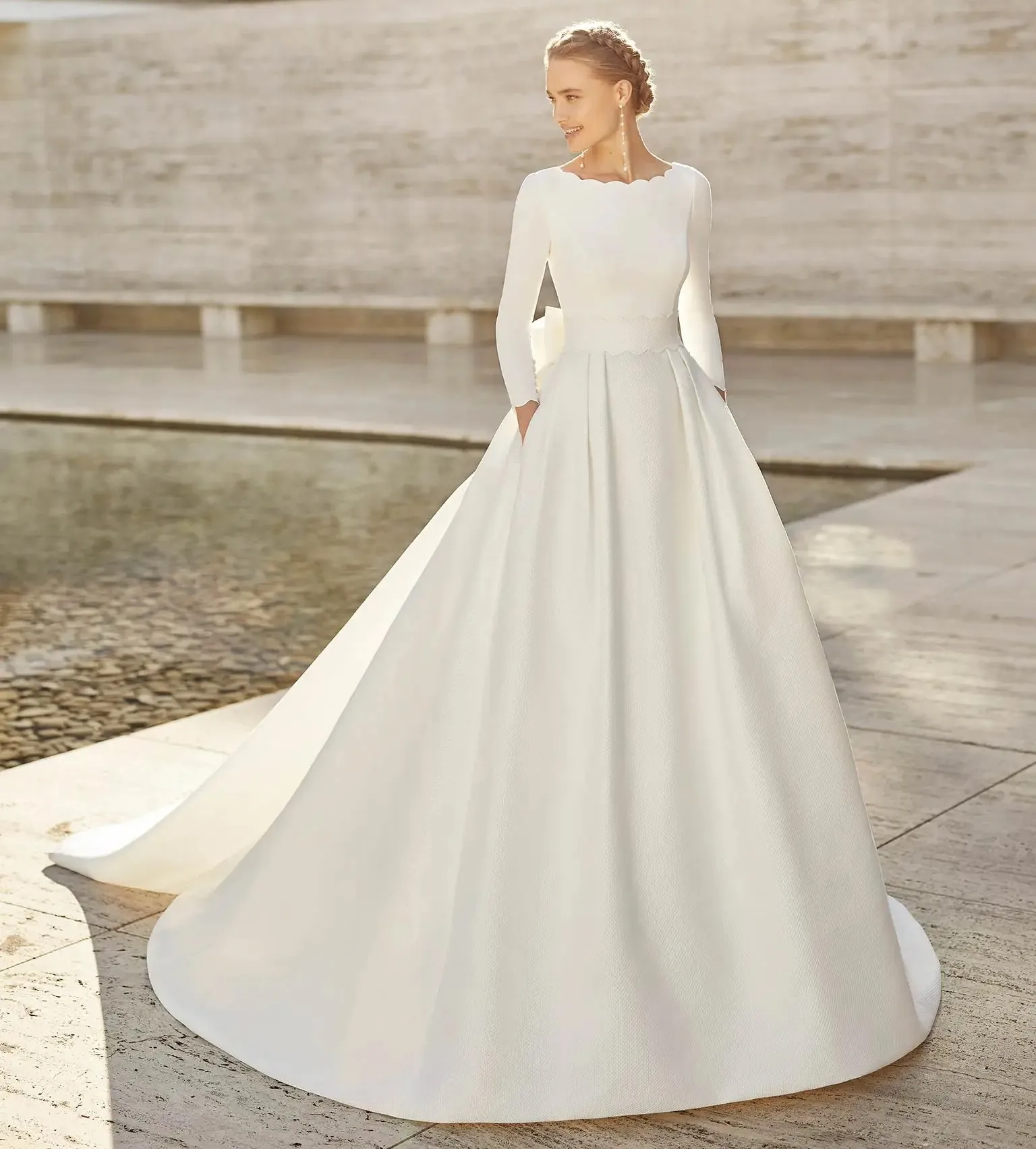 

Elegant A-line Wedding Dress 2026 Scoop Long Sleeves Backless Bow Sash Satin Church Bride Bridal Gowns Vestidos De Novia