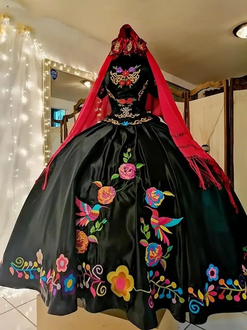 Vitnage 2023 preto charro bordado quinceanera vestidos com xale vestidos de 15 anos corset renda doce 16 xv vestidos de baile