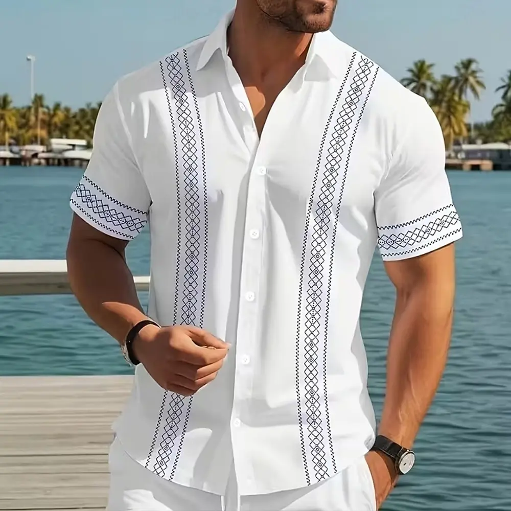Men's Striped Geometric Shirt Button Up Short Sleeve 3D Print Turndown Shirt Black White Khaki