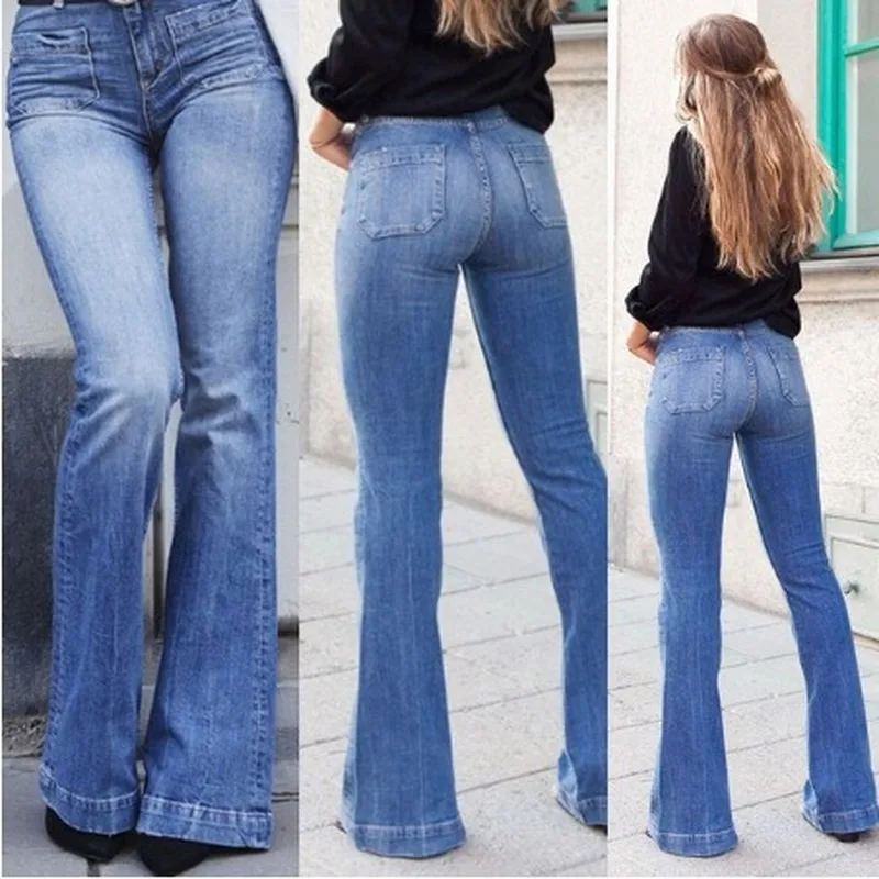 

Autumn and Winter Ladies Pockets Jeans Patch Sexy Thin Wide-leg Flared Solid Pants Female Slim High-waisted Flared Pants Jeans