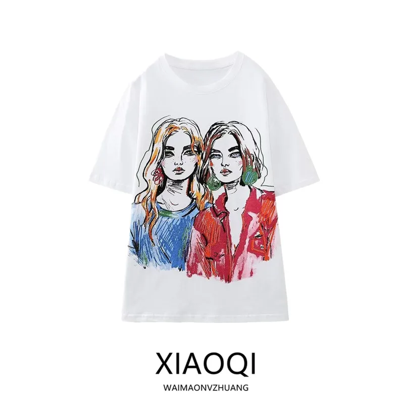 فضفاض القطن جولة Ne ort Sve تي شيرت أبيض جديد 2024 المرأة Faionable الصيف الأعلى للفتيات المطبوعة لباس غير رسمي #1