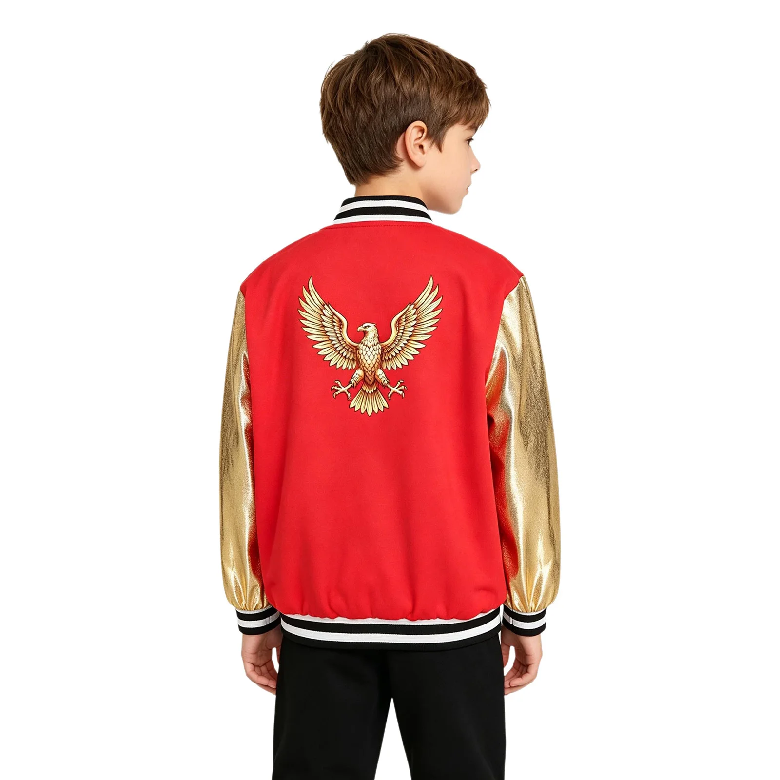 Boys Girls Kids Baseball Jacket Metallic Shiny Long Sleeve Eagle Printed Bomber Outwear for School Jazz Hip Hop Street Dance