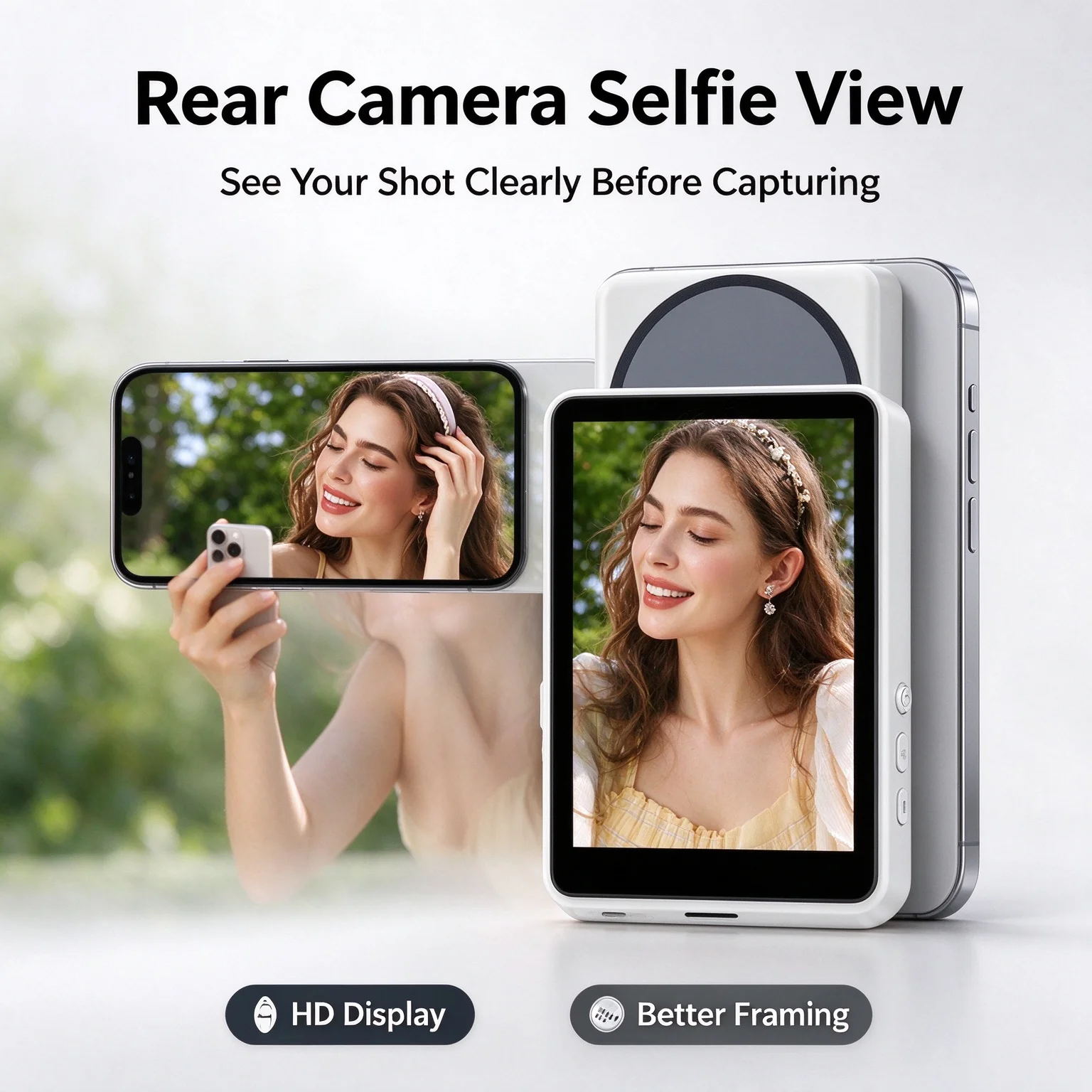 スマートフォン用磁石式ワイヤレス充電セルフィー画面。背面カメラでセルフィーを撮影し、画面を分割して表示。ライブ配信やvlog撮影の際に役立つ。