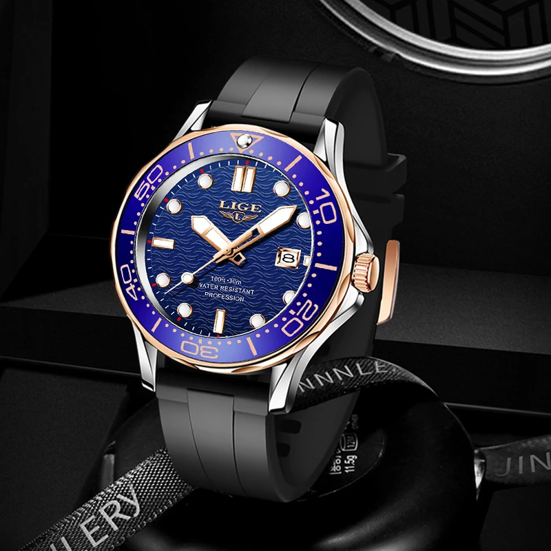 LIGE Men Watch Fashion 360° Rotating Bezel Design Quartz Wristwatches For Men Silicone Sport Waterproof Watch Men Montre Homme