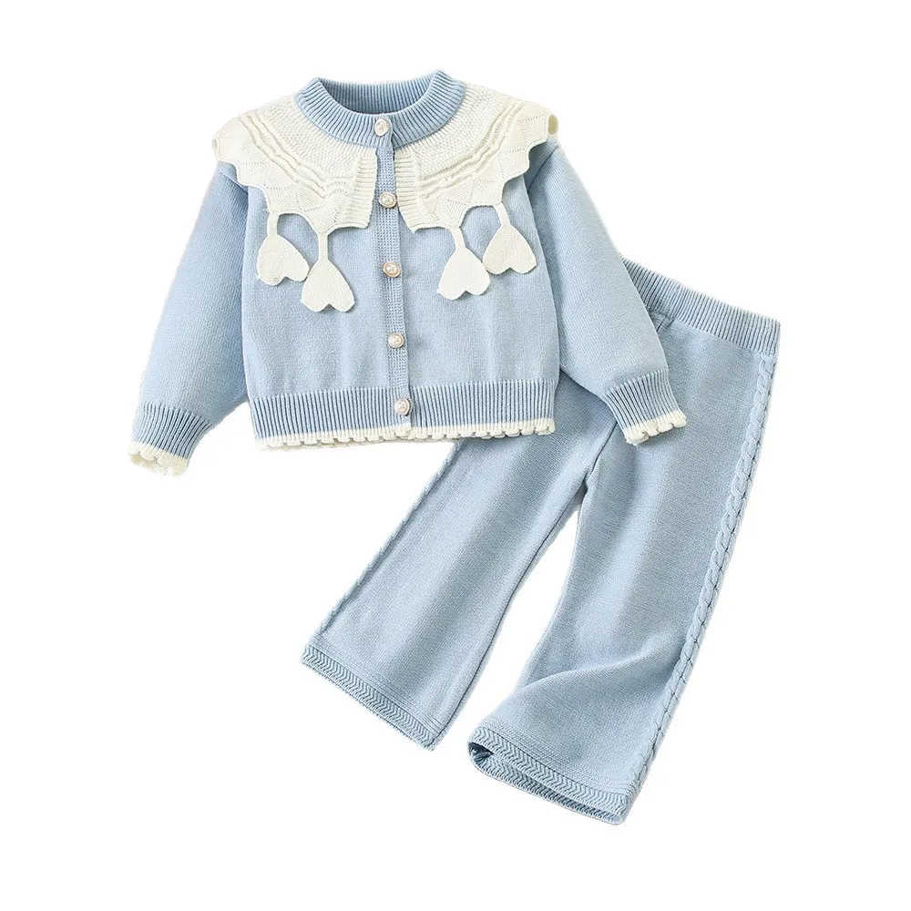 New Autumn Winter Little Girls Sweet Knit Two Piece Set, Big Lapel Collar Knit Cardigan Matching Knitted Pants Kids Outfit