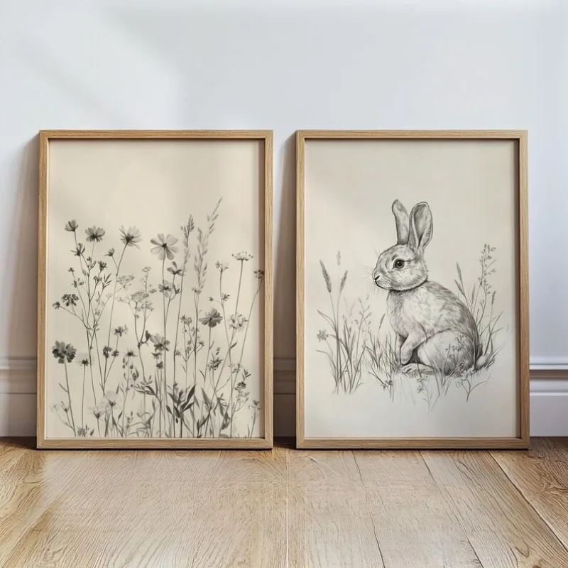 Prints Neutral Spring Prints, Gallery Spring Wall Art Sketches, Easter Bunny Drawings, Prints, Farmhouse Decor