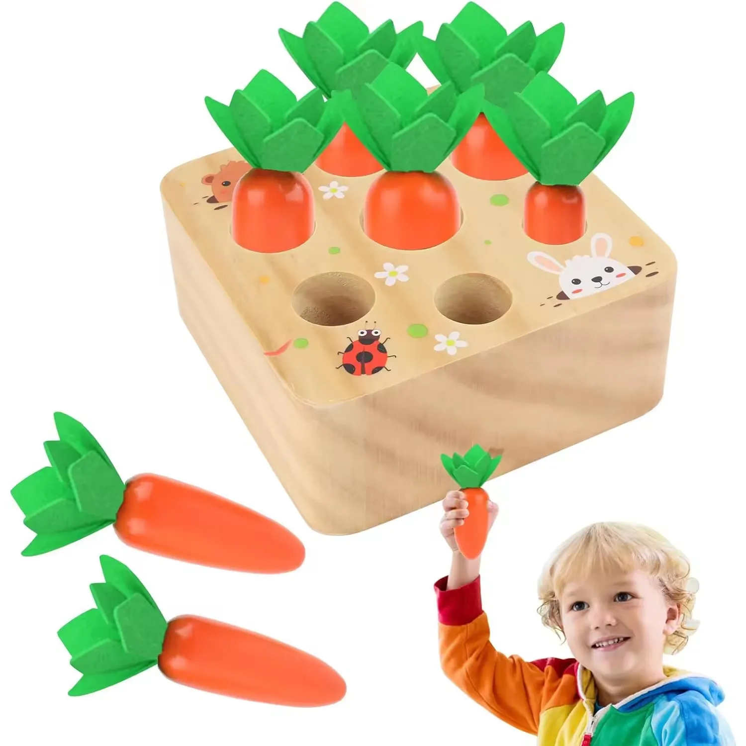 Pull Carrot Harvest Game Wooden Toy for Children Gifts 1 2 3 Year Educational Shape Sorting Matching Puzzle Baby Montessori Toys