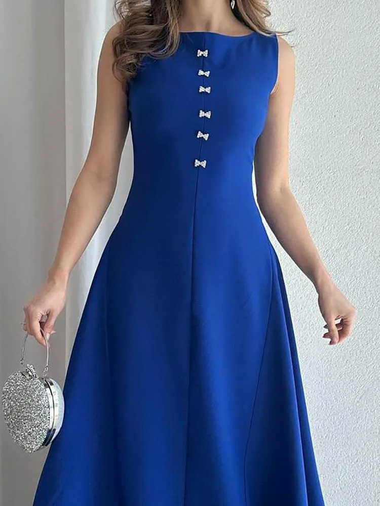 

Новое длинное платье с полым жилетом, повседневное темпераментное платье трапециевидной формы для путешествий, женское облегающее вечернее платье без рукавов с круглым вырезом, летнее однотонное