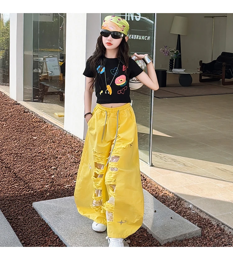 Teenager-Mädchen Mode Street-Style Y2K Kleidungsset Outfits für Mädchen Sommer T-Shirt + zerrissene Hosen Streetwear Coole Kinderkleidung Anzug – Detail 3