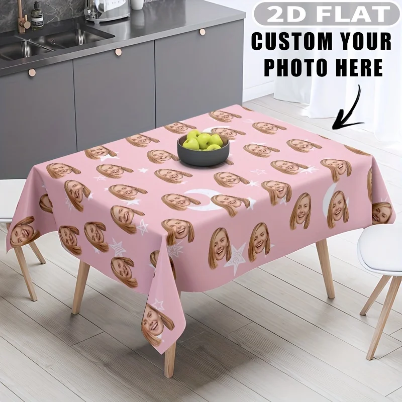 1pc Custom Personalized Tablecloth with Photo/Text, Polyester Rectangular Table Cover, Family Surname Customizable Tablecloth