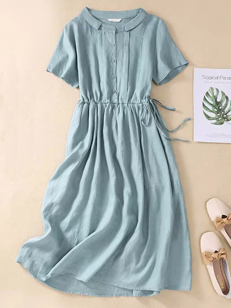 Cotton Shirt Dress 2024 New Summer Peter Pan Collar Short Sleeve Drawstring Midi Dresses Casual Loose Slim Beach Sundress