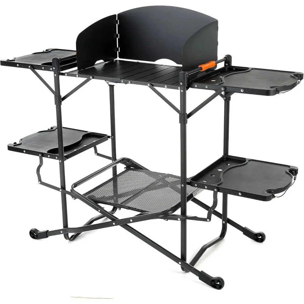 

Кухонная станция шириной 54 дюйма с быстрой складной конструкцией, дополнительной защитой от ветра, 4 боковыми столиками, столешницей, креплением для инструментов, максимальной нагрузкой до 154 фунтов.