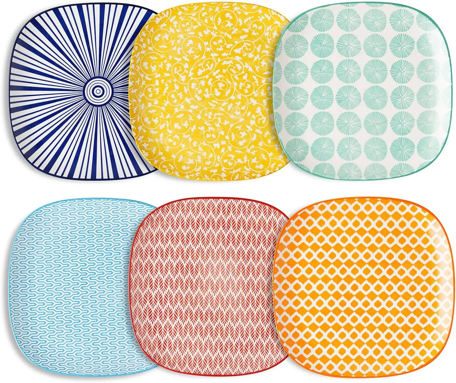 

Porcelain Square Dessert Salad Pasta Steak Plates 10 inches ceramic plates set of 6 microwave/dishwasher/oven safe, Assorted Col