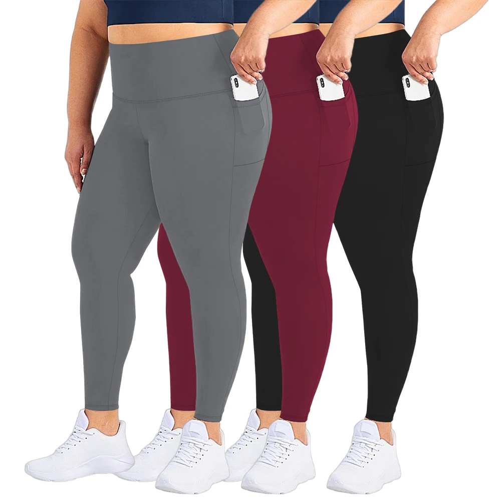 Leggings de talla grande con bolsillos para mujer, pantalones de Yoga de entrenamiento suave de LICRA de cintura alta, paquete de 3