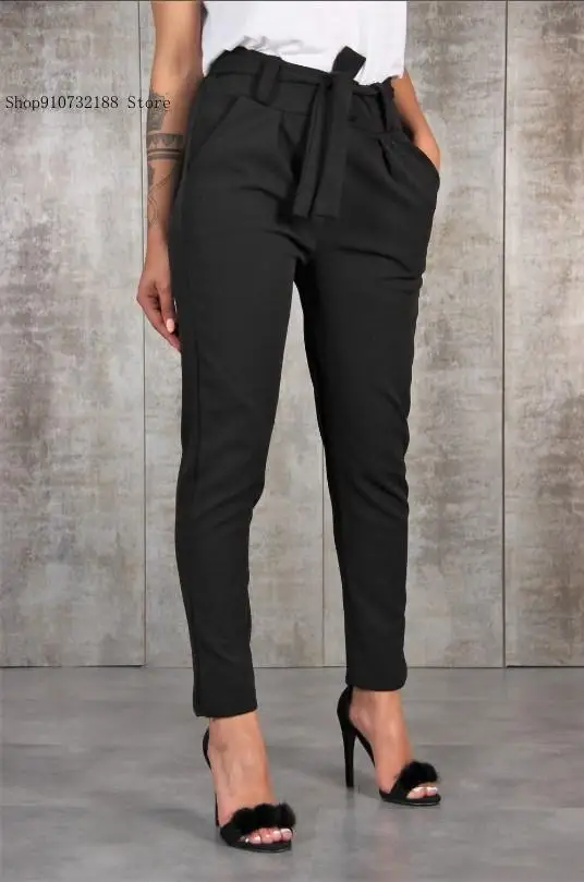 Summer Simply Solid Color Casual Pockets Straight Elastic Waist Lace Up Long Trousers Women