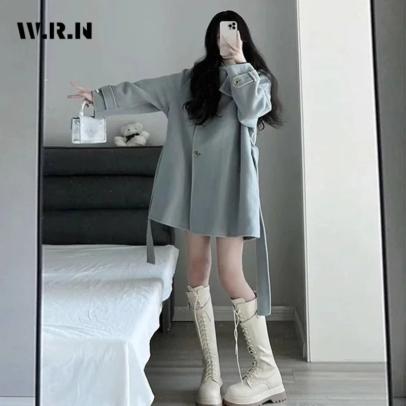 2024 Winter Chic Oversized Simple Style Wool Jacket Women's Sweet Outerwear Loose Solid Blends Turn Down Collar Warm Coat