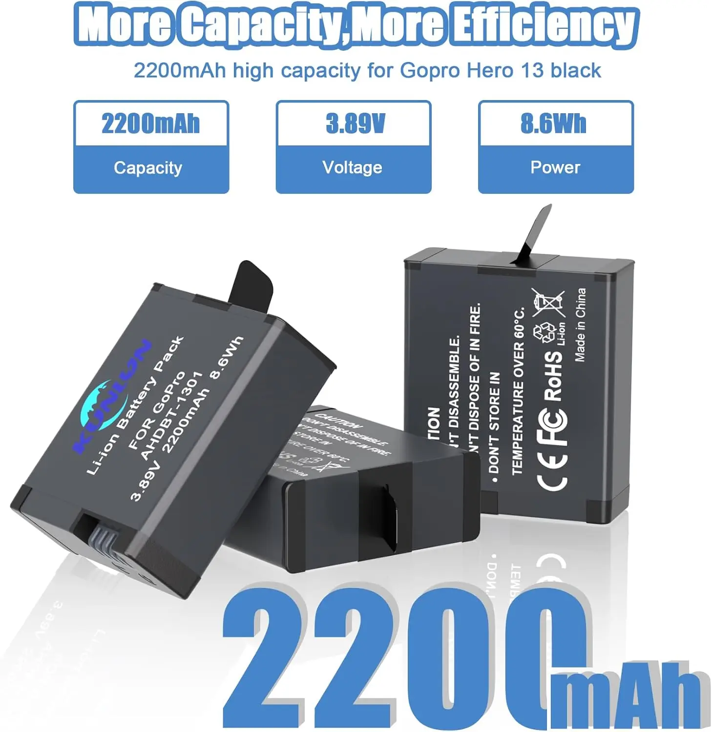 

REACELL 3 аккумулятора емкостью 2200 мАч, совместимые с GoPro Hero 13 Black, 3-канальное светодиодное быстрое зарядное устройство, кабель Type-C, высокая емкость