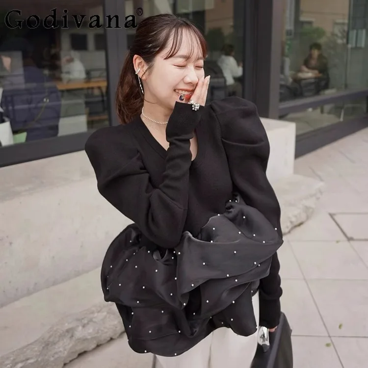 

Japanese Sweet Fashion Beaded Cloud Gauze Splicing Knit Top Spring Autumn New 2025 Women's Slim Fit Elegant Knitted Pullover