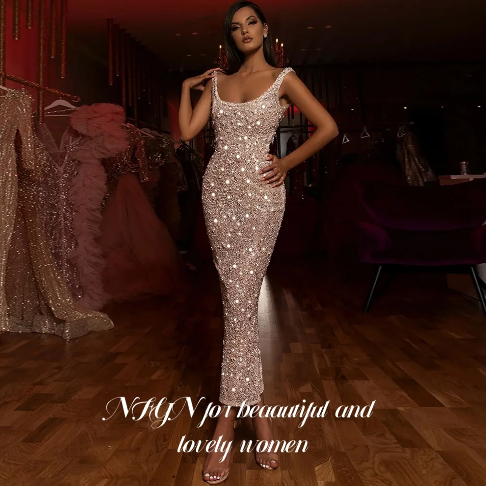 

NFYN Glitter Elegant Formal Gown Pleat Sequins Prom Dresses Spaghetti Strap Mermaid Evening Dresses robes de soirée Customized