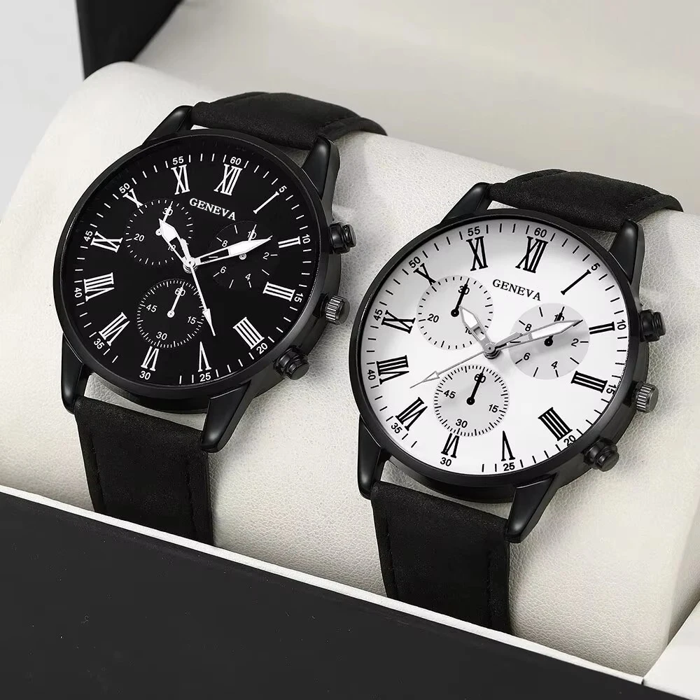 2pcs couple fashion casual watch leather women's simple dial quartz watch