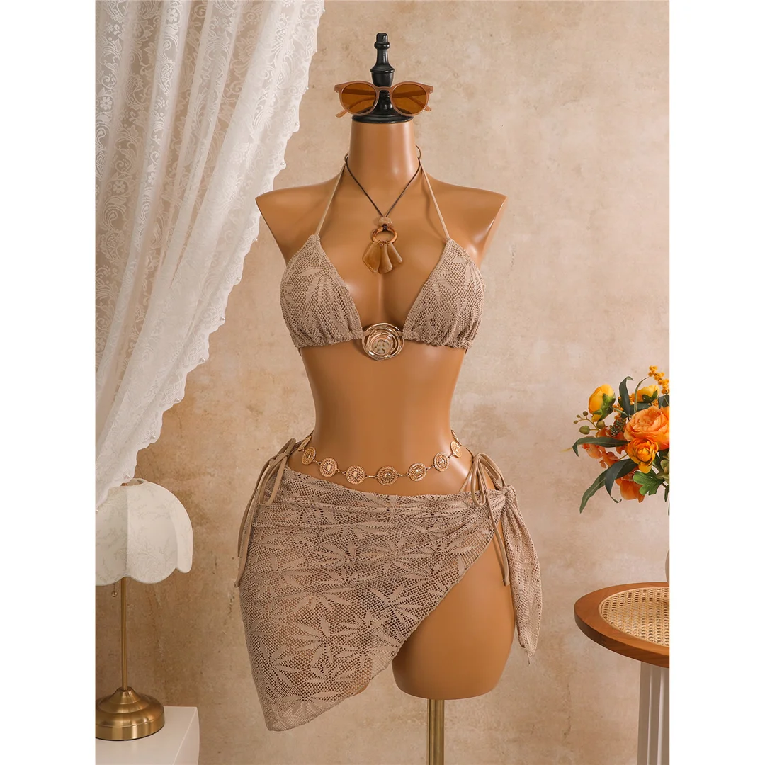 Mit Sarong-Blättern bedruckter Neckholder-Bikini, Damen-Badeanzug, dreiteiliges Bikini-Set, Badebekleidung, Badeanzug, Schwimmanzug V8367 – Detail 8