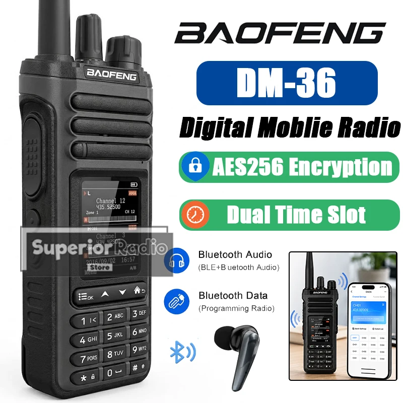 Baofeng DM-36 DMR Digital Radio Walkie Talkie Dual Time Slot 4000CH Bluetooth Programming Audio Man Down AES256 Recording FM AM