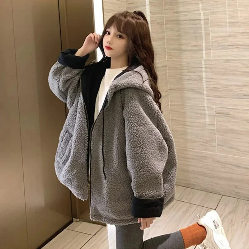 Women Oversized Parkas Hooded Thick Coat Ladies Soft Kawaii Jacket Double Sided Outerwear Autumn Winter Warm Long Sleeve Bomber